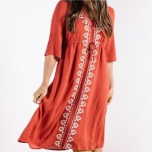 Embroidered Tie Waist Burnt Orange Midi Dress